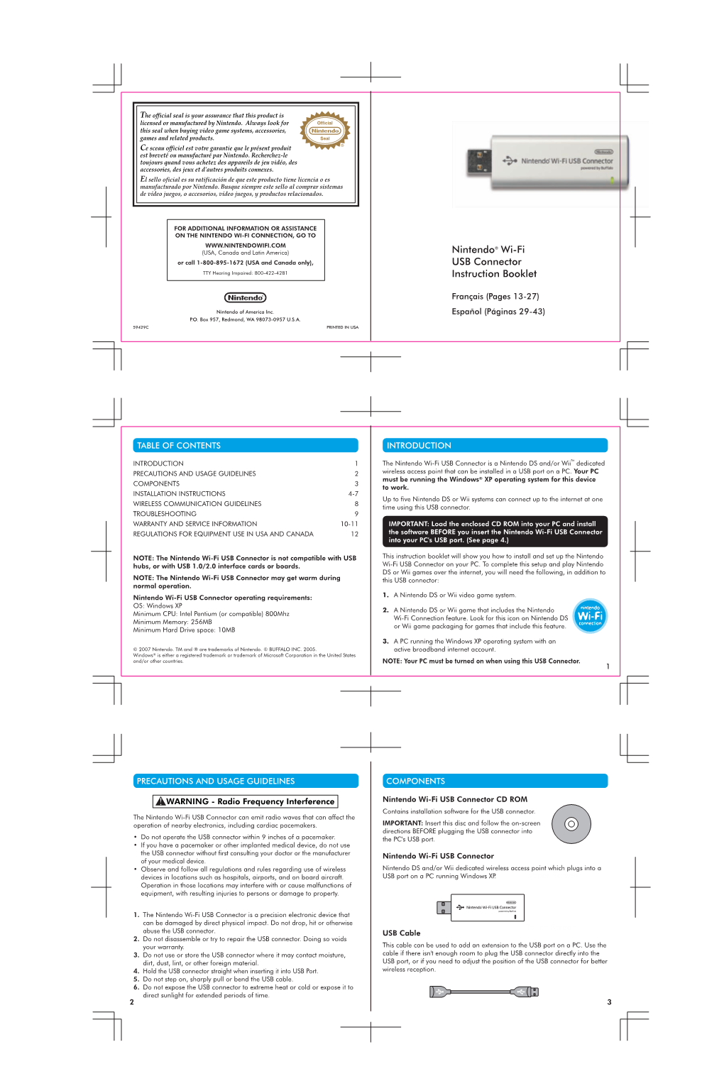 Nintendo® Wi-Fi USB Connector Instruction Booklet