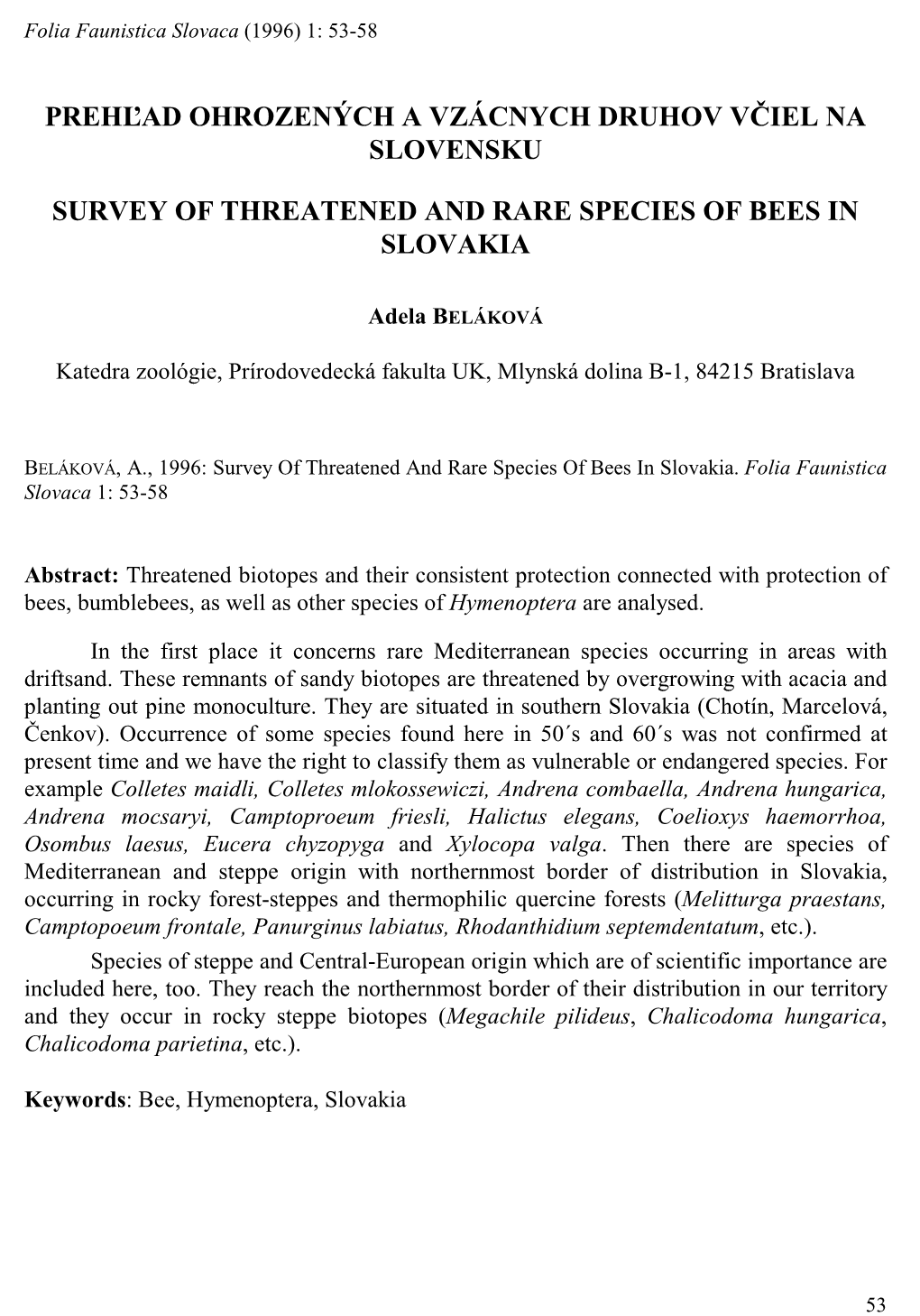 Prehľad Ohrozených a Vzácnych Druhov Včiel Na Slovensku