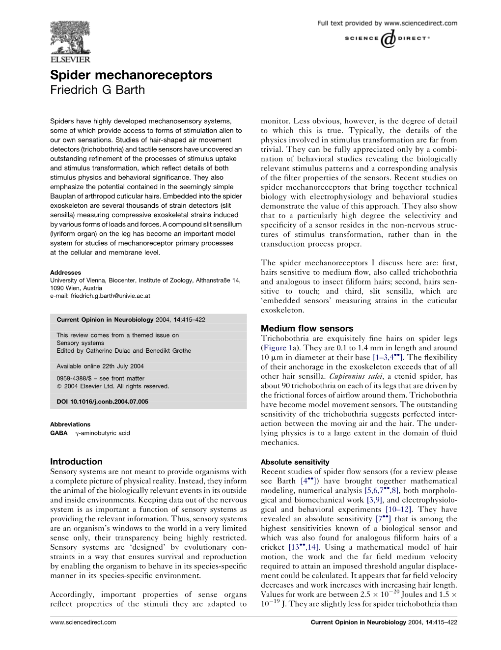 Spider Mechanoreceptors Friedrich G Barth