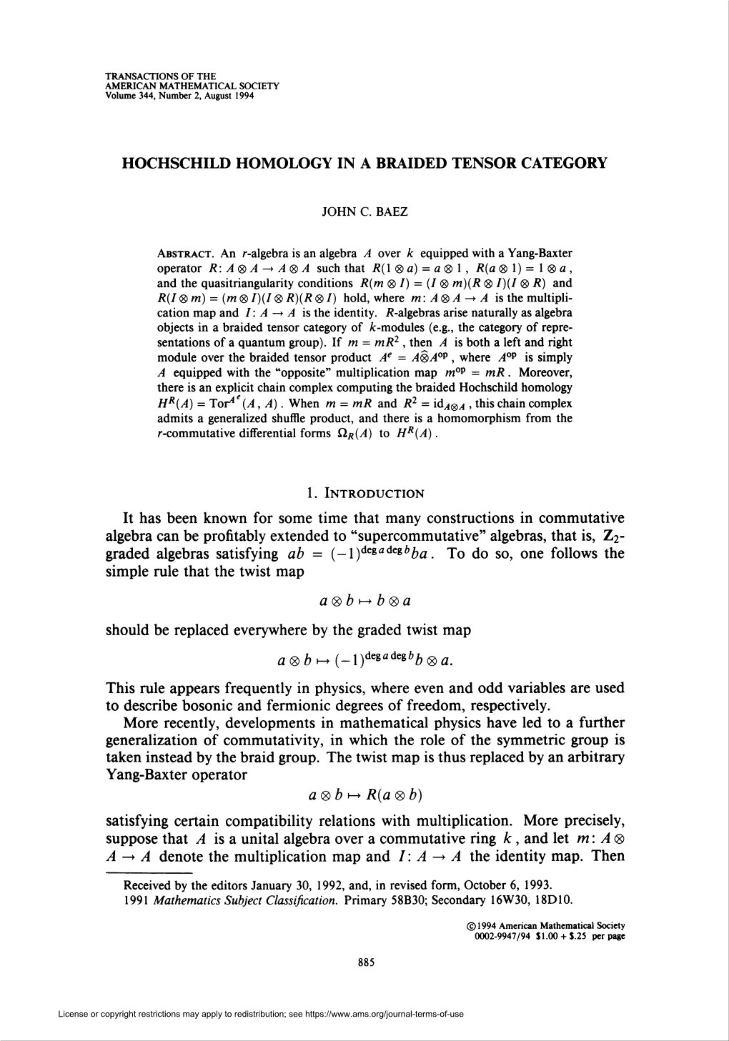 HOCHSCHILD HOMOLOGY in a BRAIDED TENSOR CATEGORY A