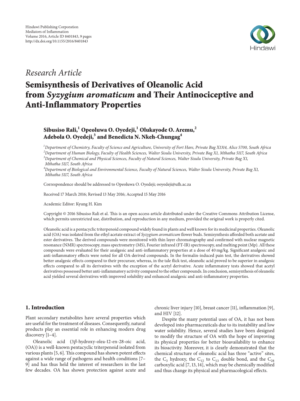 Semisynthesis of Derivatives of Oleanolic Acid from Syzygium Aromaticum and Their Antinociceptive and Anti-Inflammatory Properties