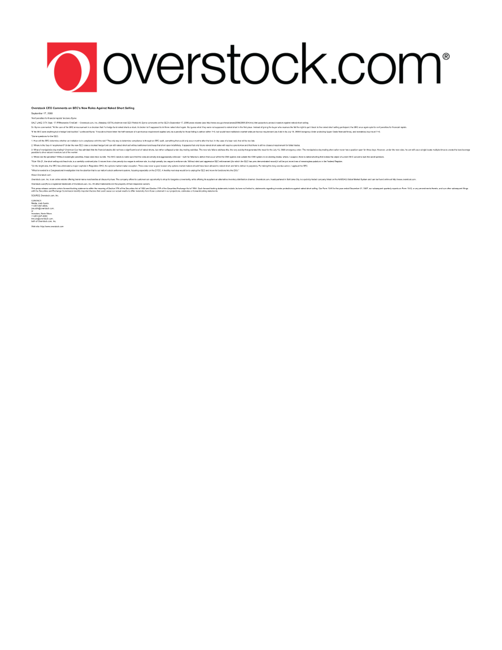 Overstock CEO Comments on SEC's New Rules Against Naked Short Selling