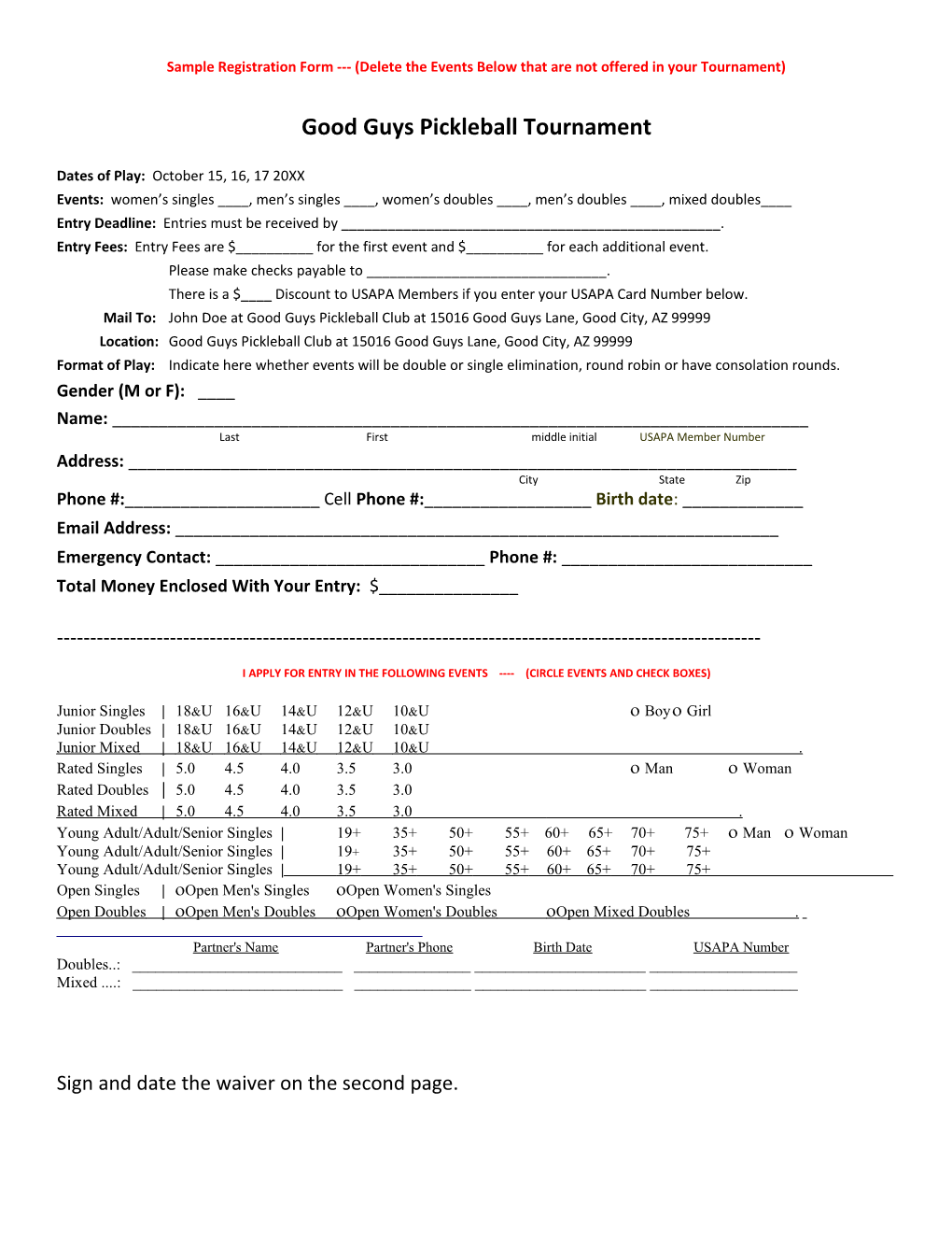 Sample Registration Form (Delete the Events Below That Are Not Offered in Your Tournament)