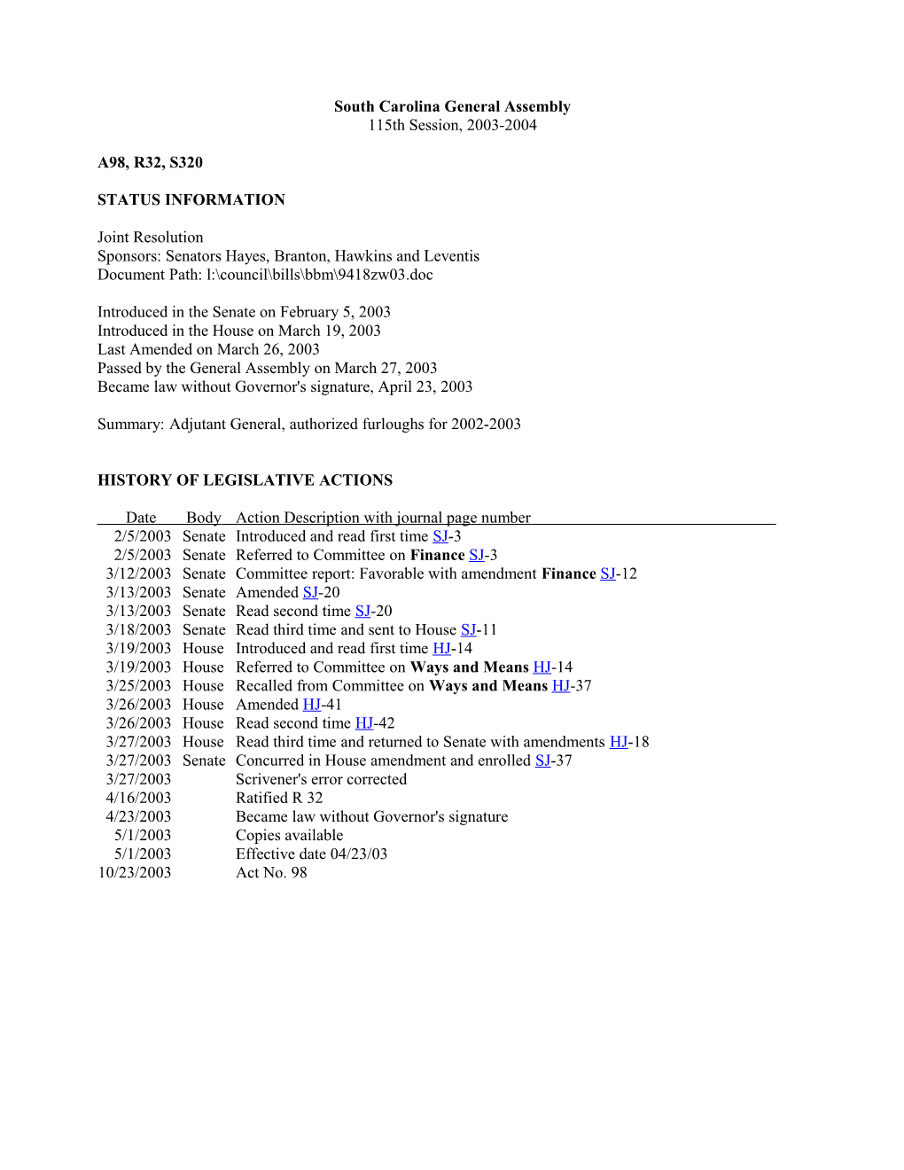 2003-2004 Bill 320: Adjutant General, Authorized Furloughs for 2002-2003 - South Carolina