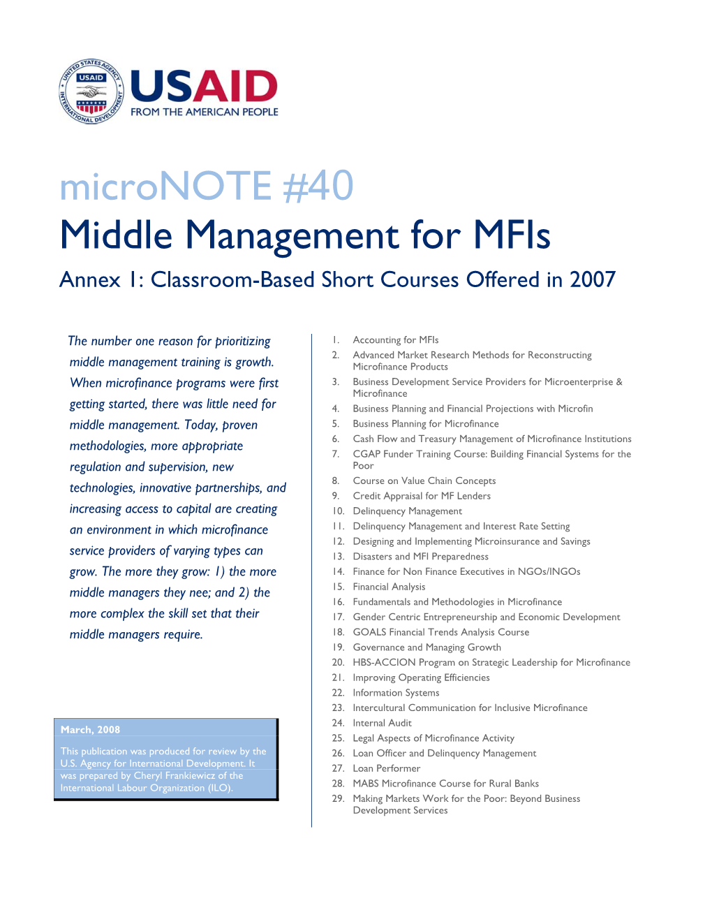 Micronote #40 Middle Management for Mfis Annex 1: Classroom-Based Short Courses Offered in 2007