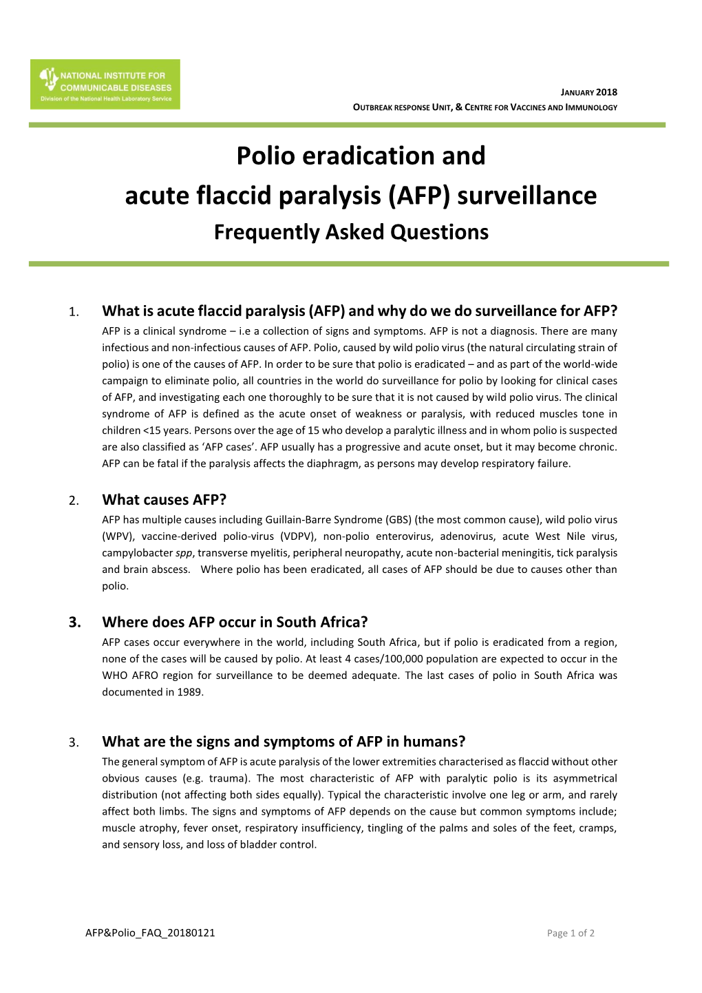 Polio Eradication and Acute Flaccid Paralysis (AFP) Surveillance Frequently Asked Questions