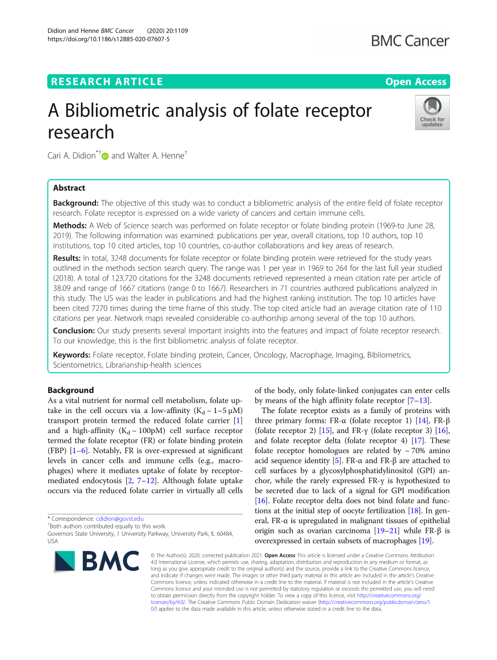 A Bibliometric Analysis of Folate Receptor Research Cari A