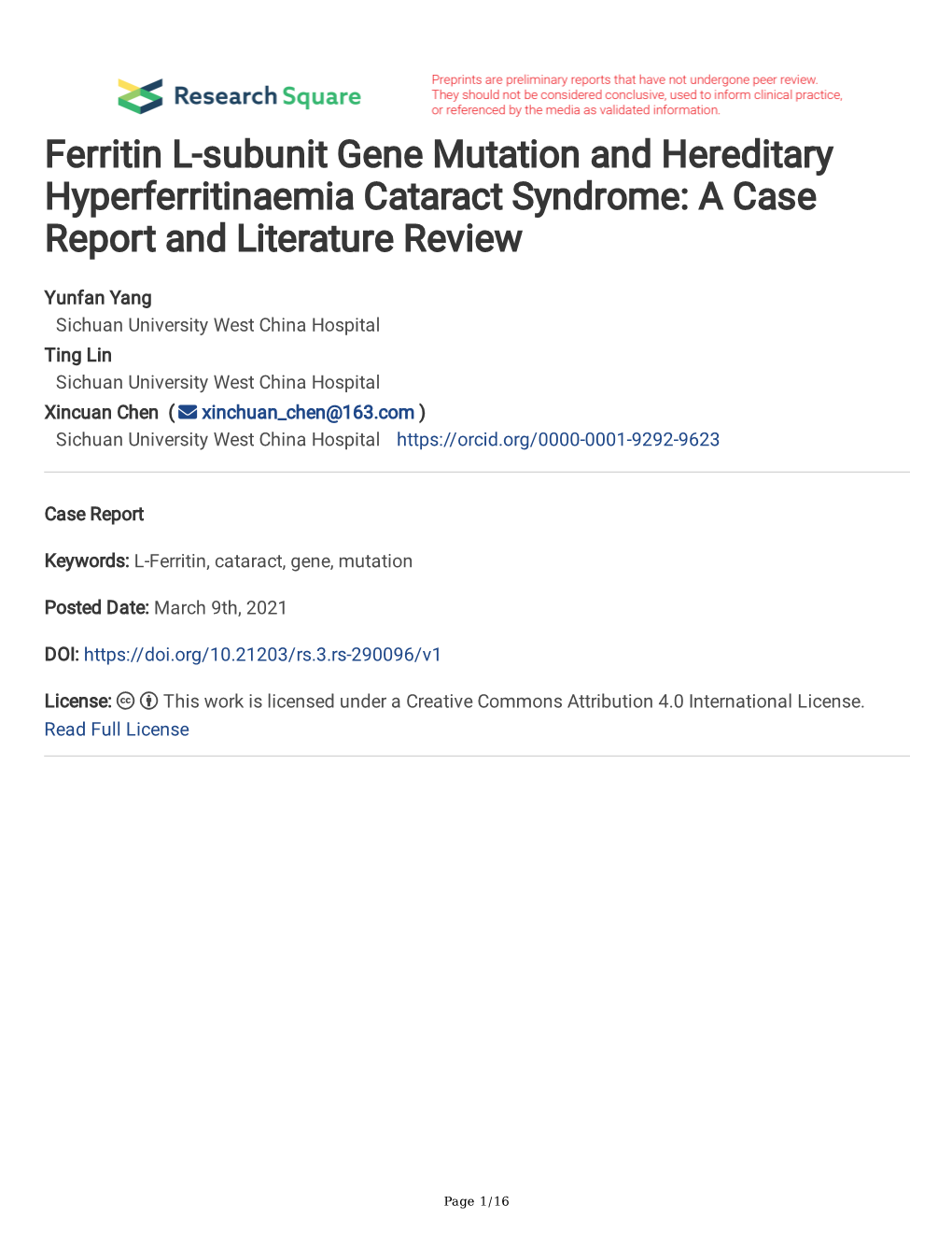 Ferritin L-Subunit Gene Mutation and Hereditary Hyperferritinaemia Cataract Syndrome: a Case Report and Literature Review