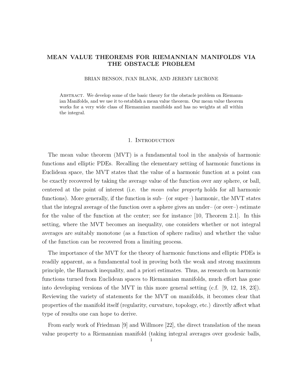 Mean Value Theorems for Riemannian Manifolds Via the Obstacle Problem