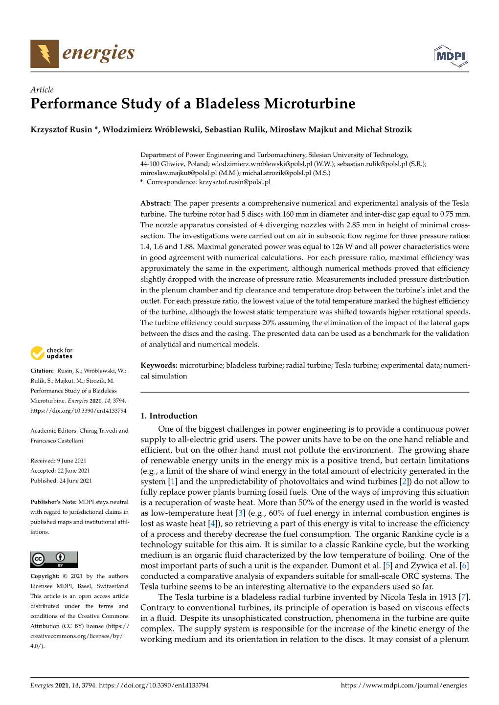 Performance Study of a Bladeless Microturbine