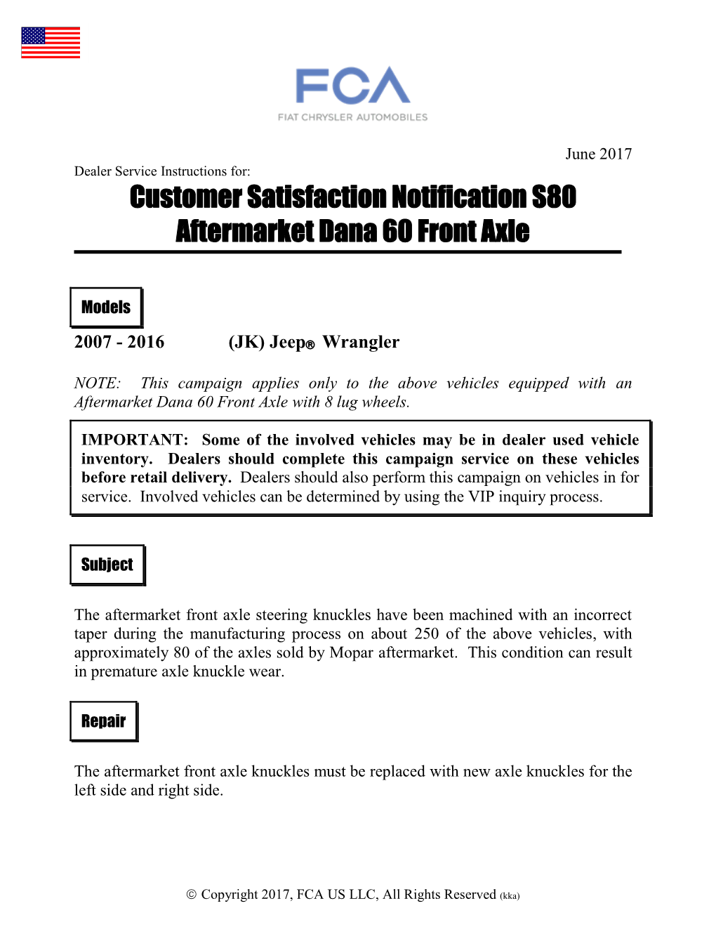 Customer Satisfaction Notification S80 Aftermarket Dana 60 Front Axle