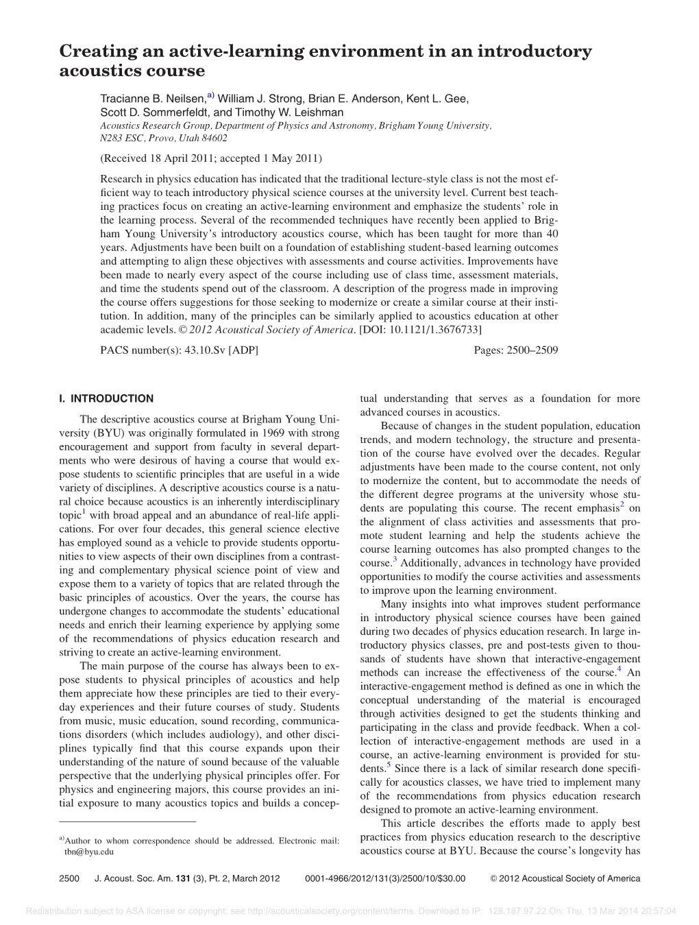 Creating an Active-Learning Environment in an Introductory Acoustics Course