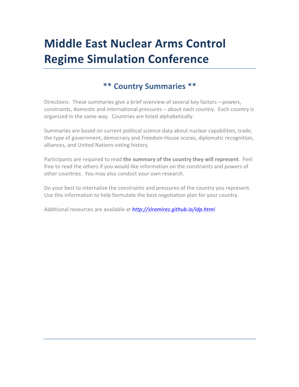 Middle East Nuclear Arms Control Regime Simulation Conference