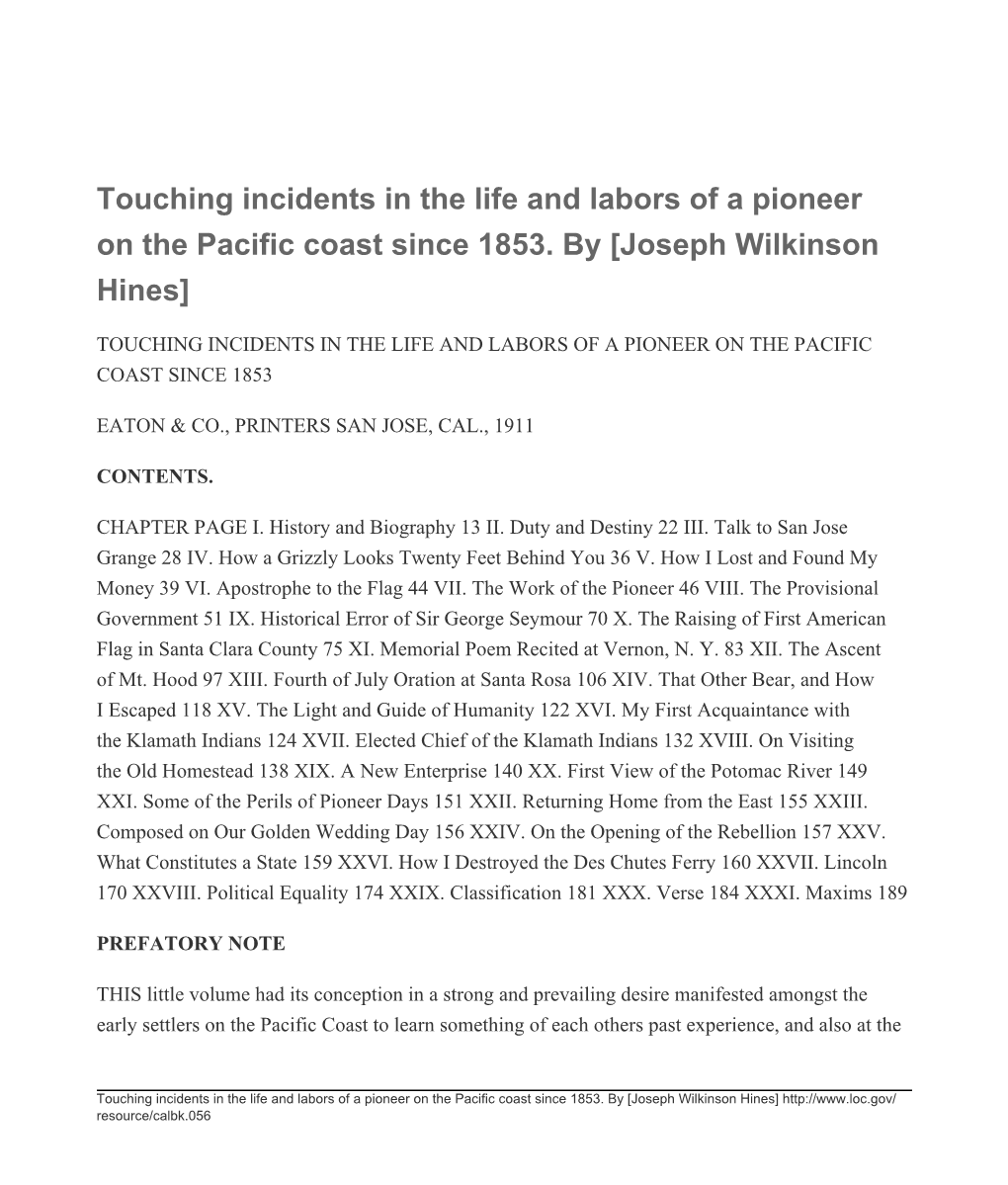 Touching Incidents in the Life and Labors of a Pioneer on the Pacific Coast Since 1853