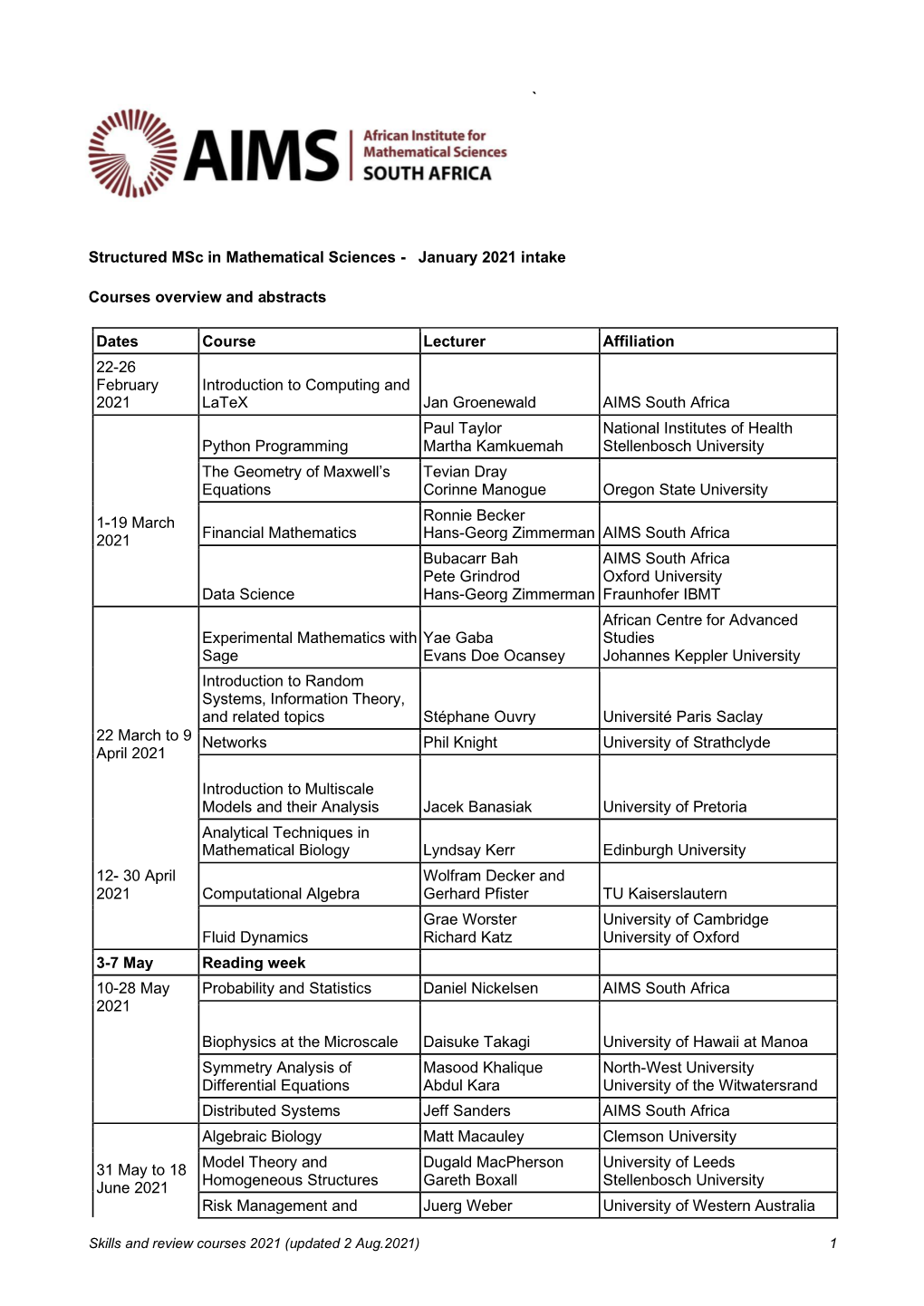 Structured Msc in Mathematical Sciences - January 2021 Intake