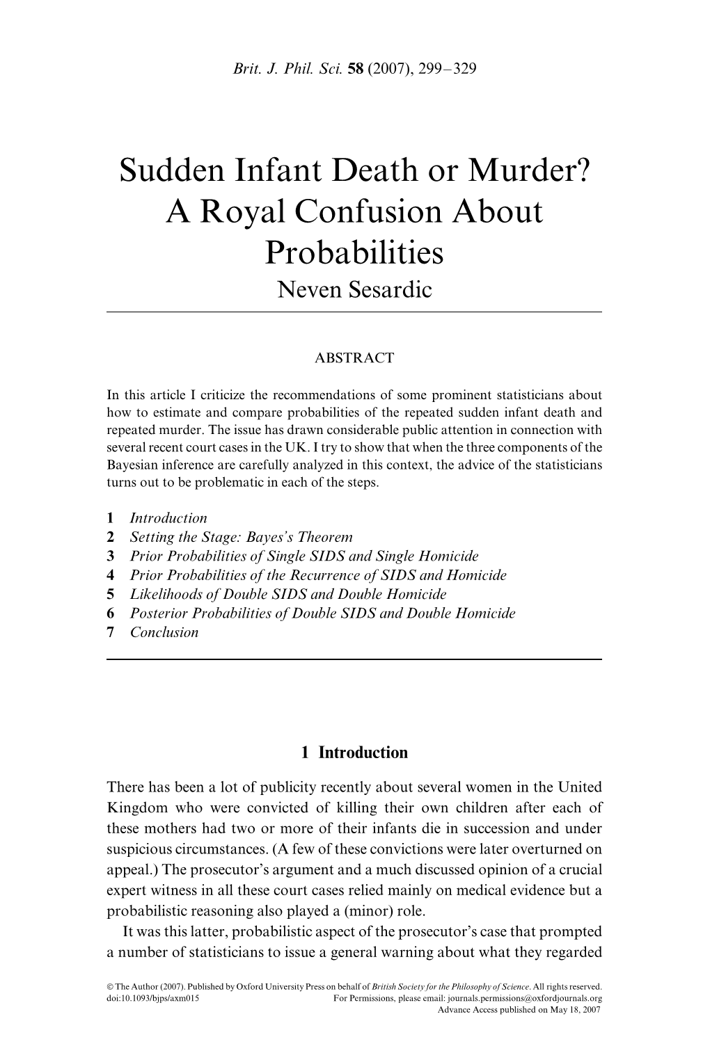 Sudden Infant Death Or Murder? a Royal Confusion About Probabilities Neven Sesardic