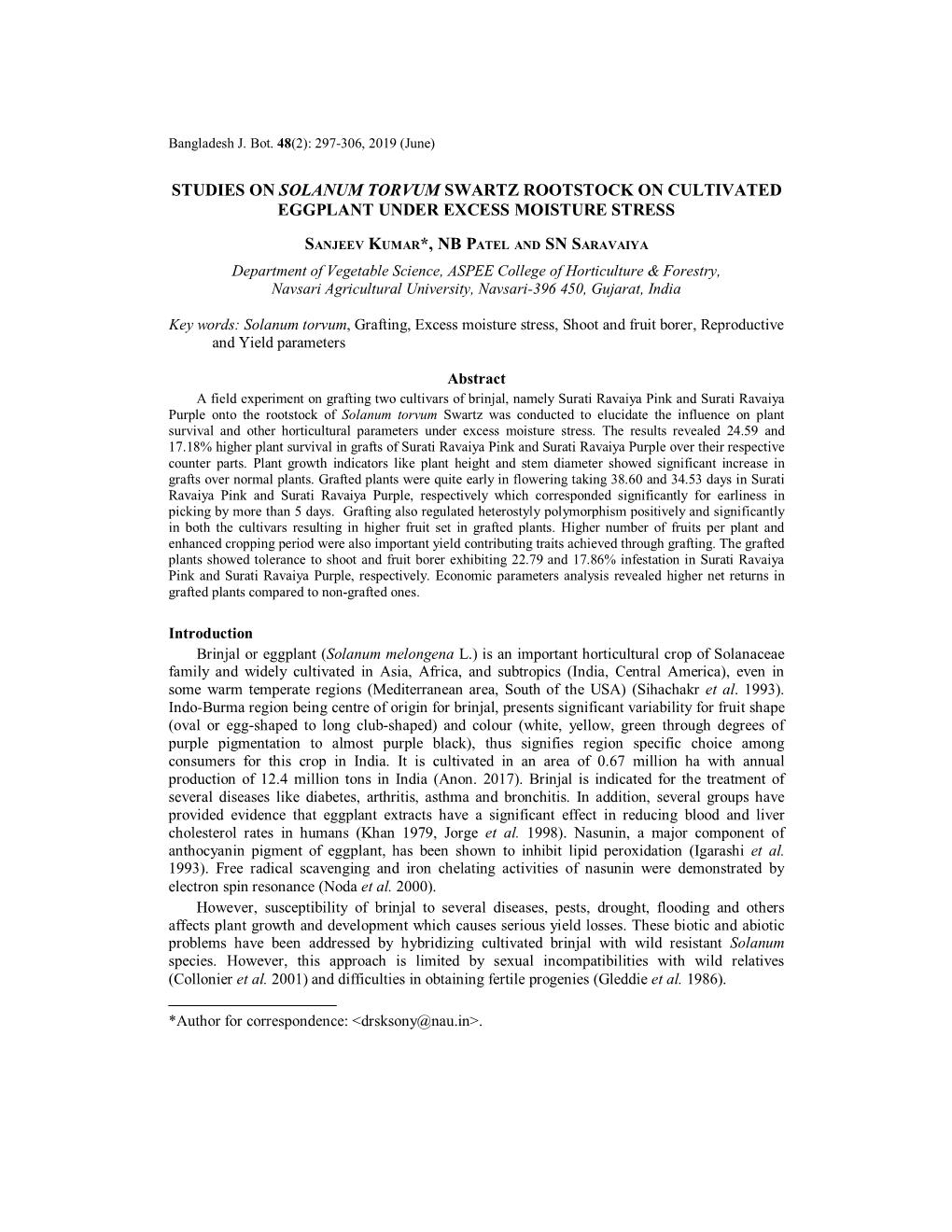 Studies on Solanum Torvum Swartz Rootstock on Cultivated Eggplant Under Excess Moisture Stress