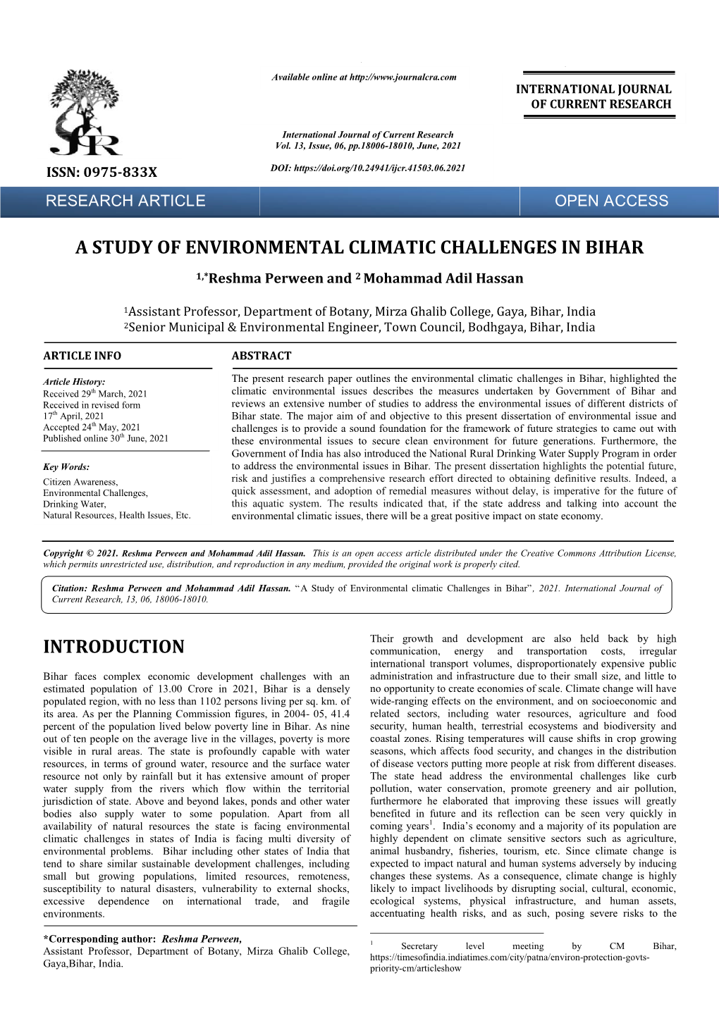 F ENVIRONMENTAL CLIMATIC CHALLENGES in BIHAR 1,*Reshma Perween and 2 Mohammad Adil Hassan