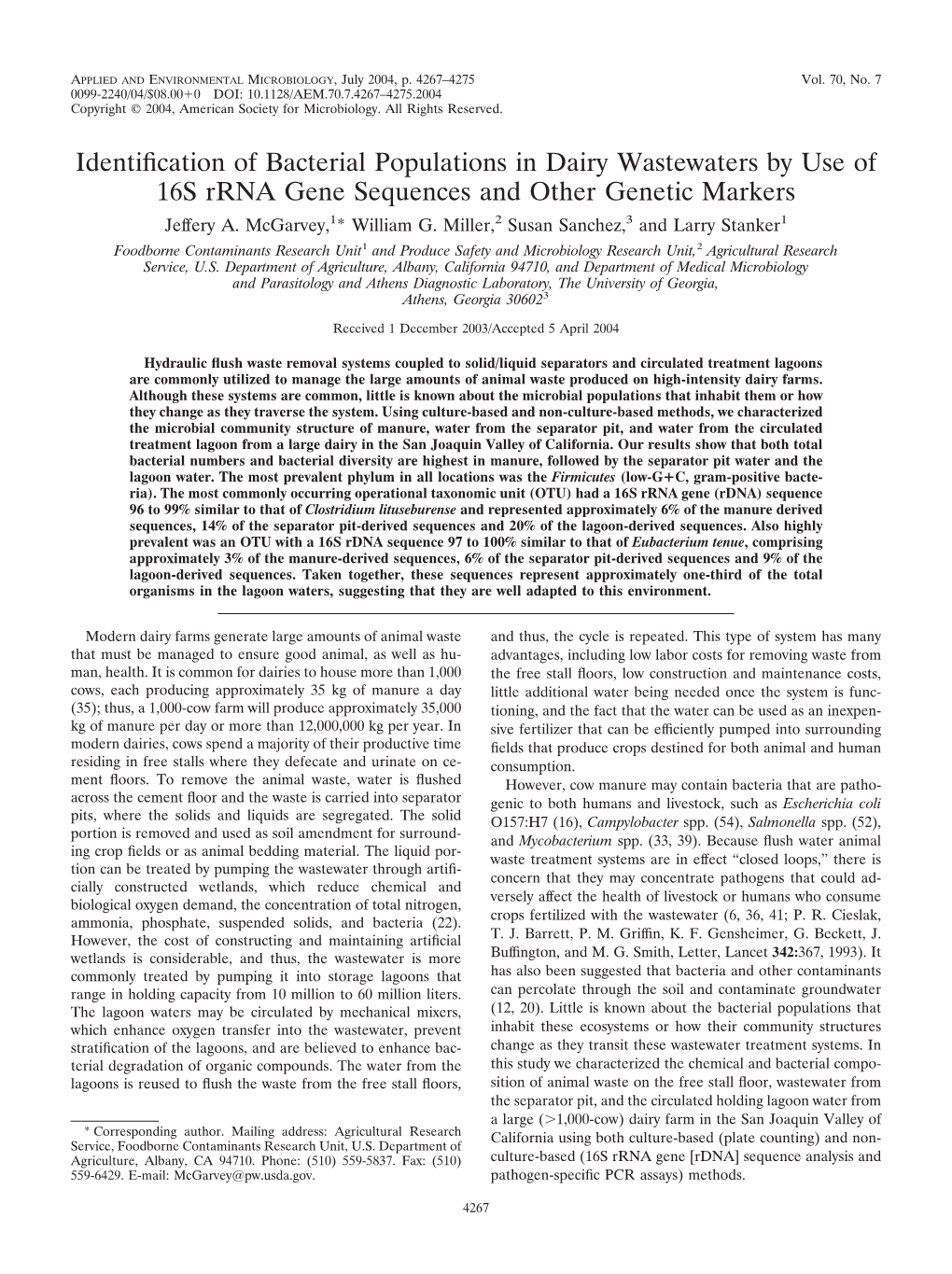 Identification of Bacterial Populations in Dairy Wastewaters by Use of 16S