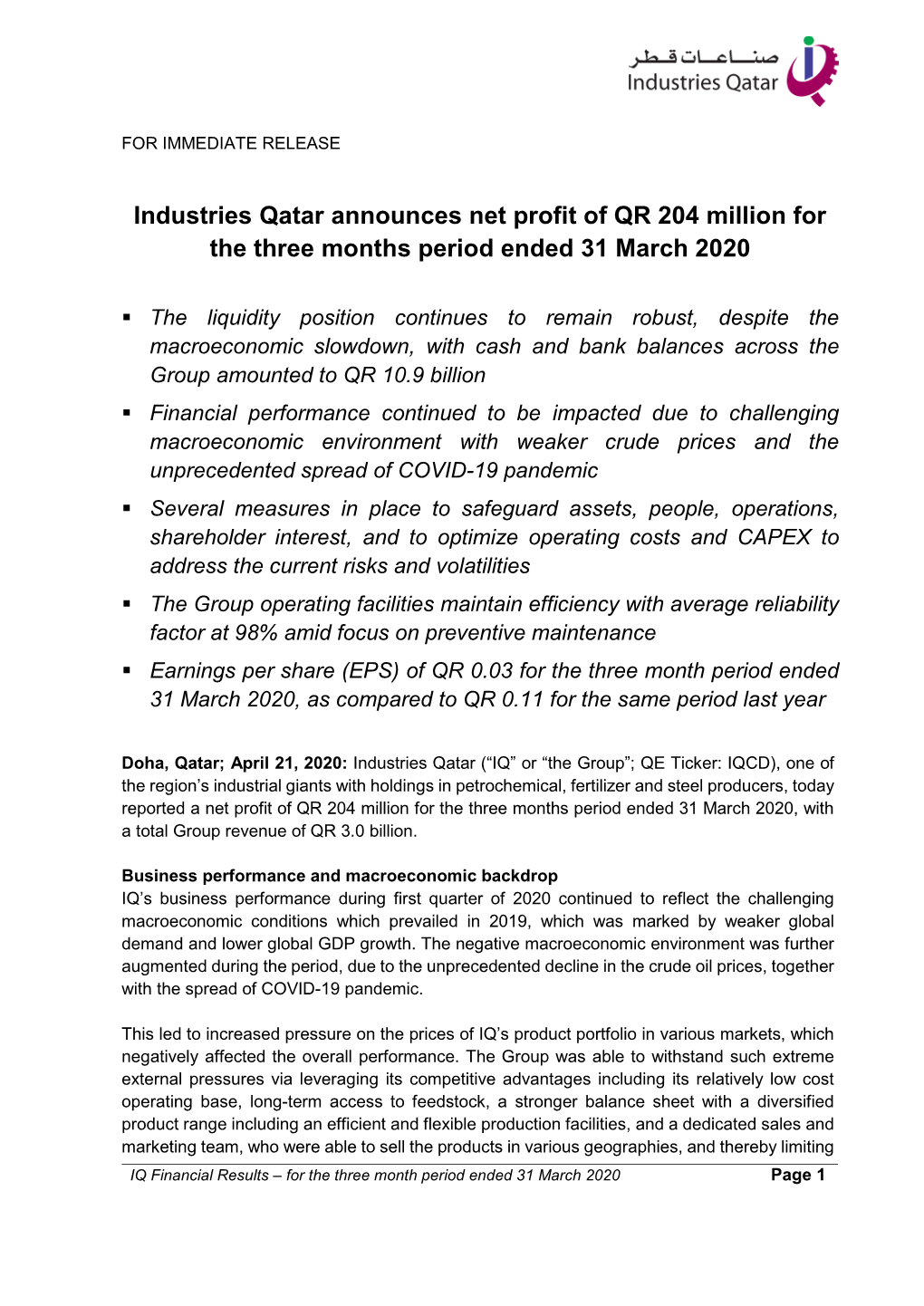 Industries Qatar Announces Net Profit of QR 204 Million for the Three Months Period Ended 31 March 2020