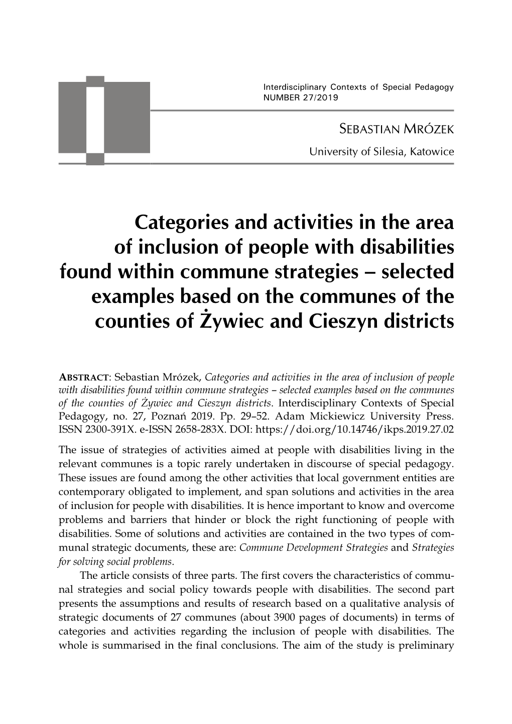 Categories and Activities in the Area of Inclusion of People With