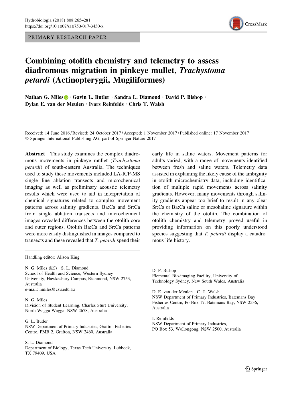 Combining Otolith Chemistry and Telemetry to Assess Diadromous Migration in Pinkeye Mullet, Trachystoma Petardi (Actinopterygii, Mugiliformes)