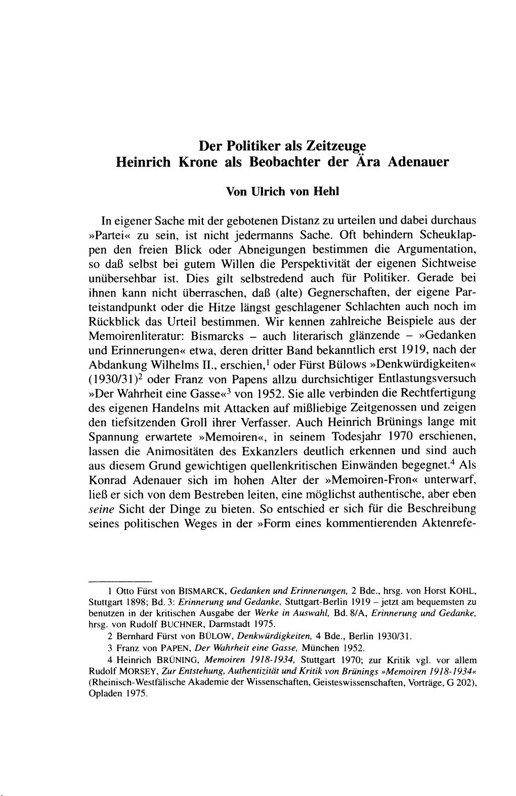 Der Politiker Als Zeitzeuge. Heinrich Krone Als Beobachter Der Ära