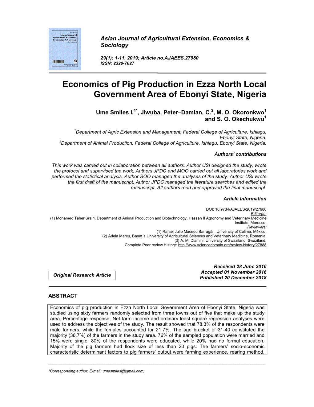 Economics of Pig Production in Ezza North Local Government Area of Ebonyi State, Nigeria
