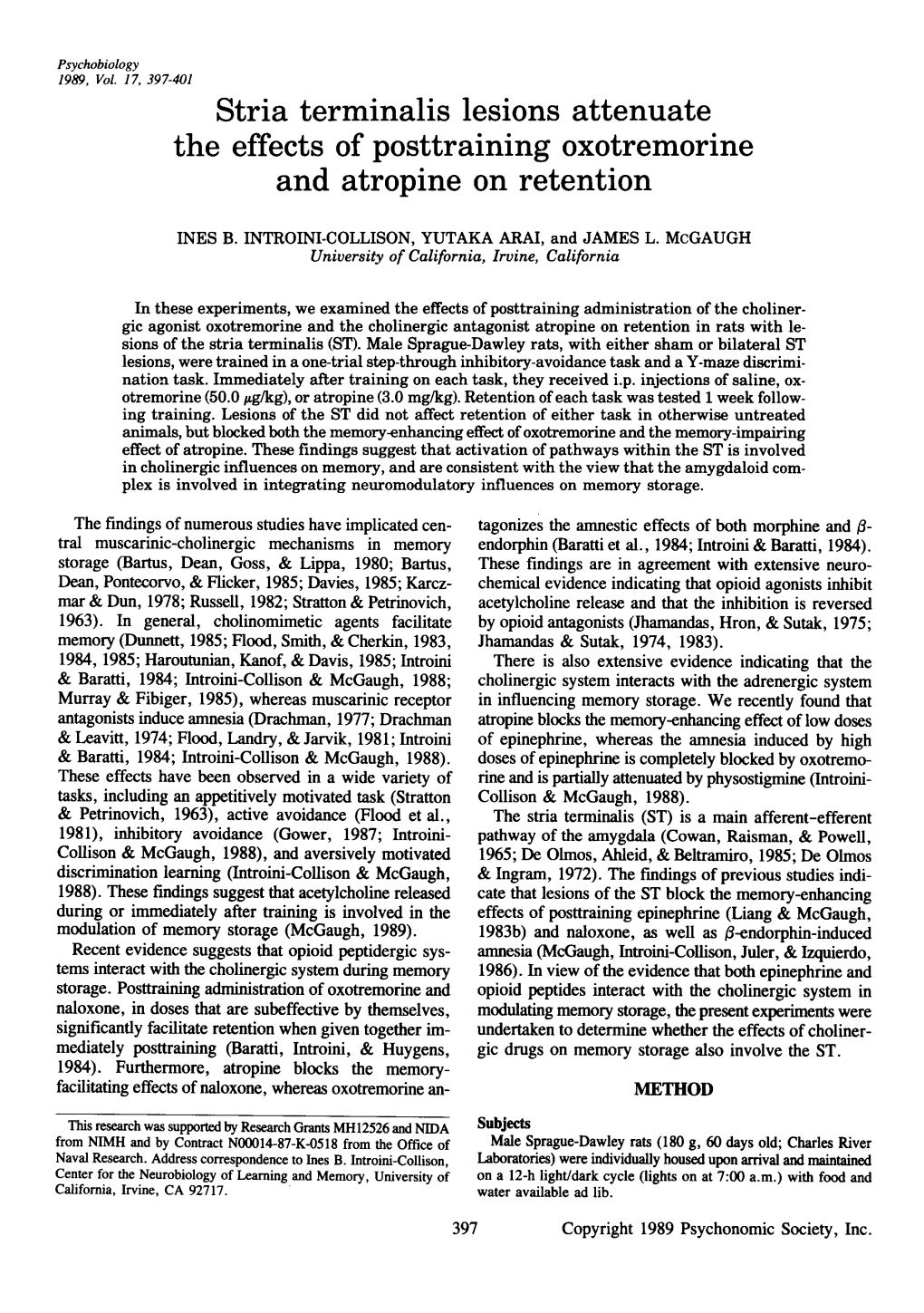 Stria Terminalis Lesions Attenuate the Effects of Posttraining Oxotremorine and Atropine on Retention