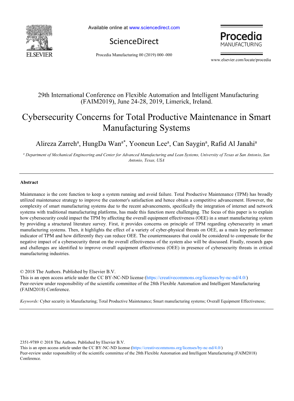 Cybersecurity Concerns for Total Productive Maintenance in Smart Manufacturing Systems