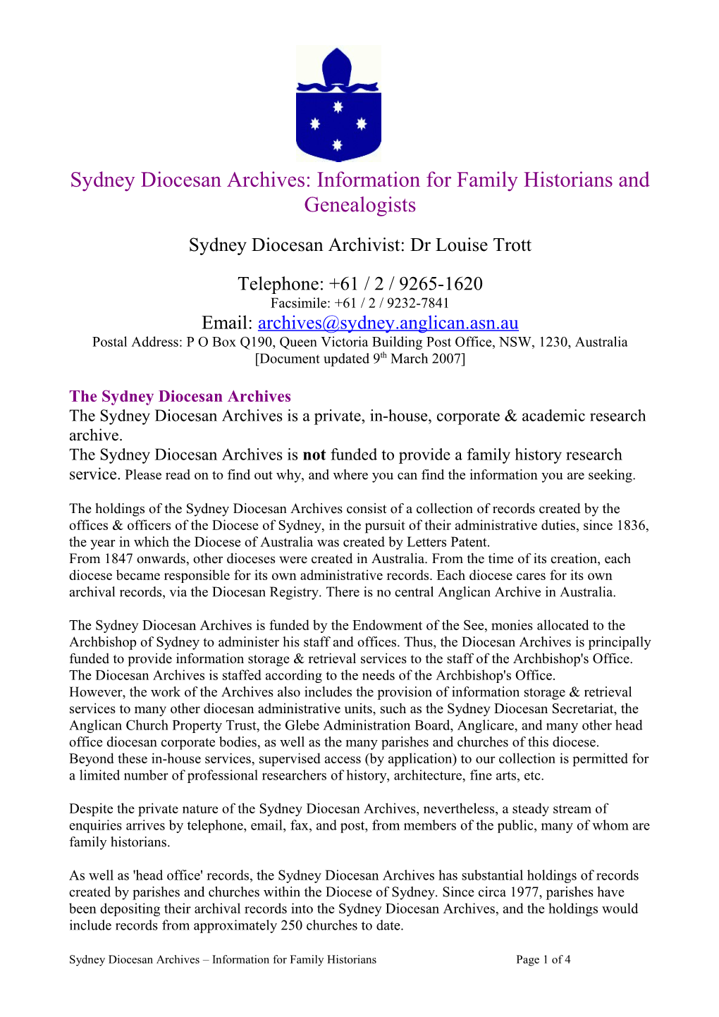 Sydney Diocesan Archivist: Dr Louise Trott