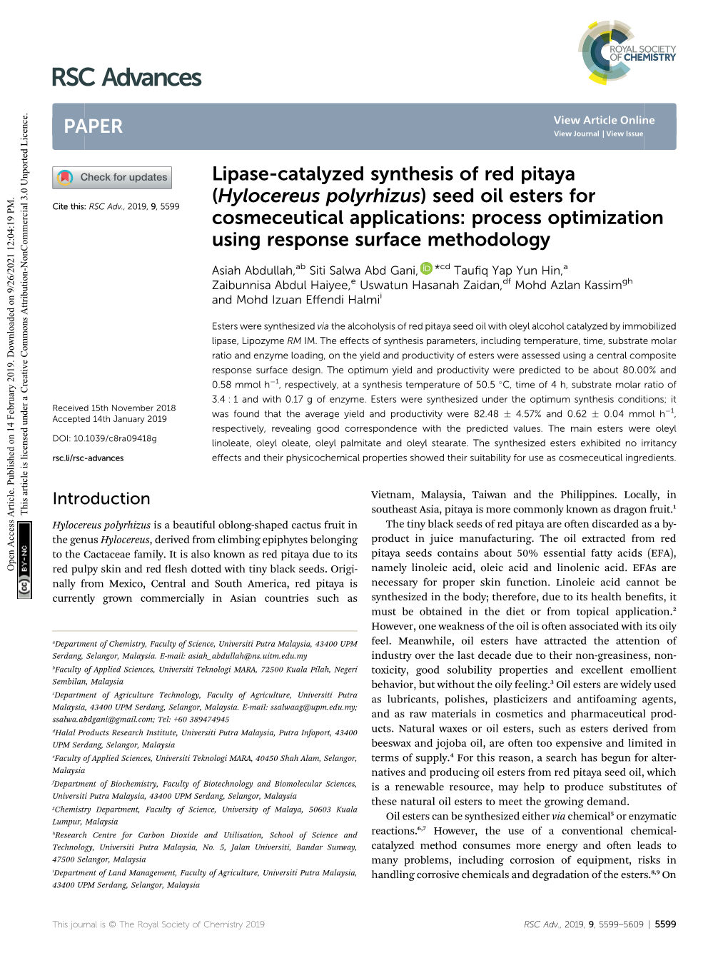 Lipase-Catalyzed Synthesis of Red Pitaya (Hylocereus Polyrhizus)