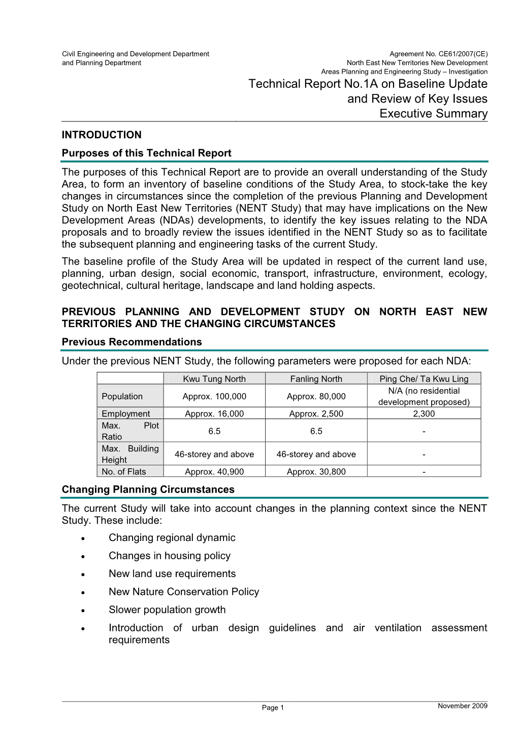 Technical Report No.1A on Baseline Update and Review of Key Issues Executive Summary