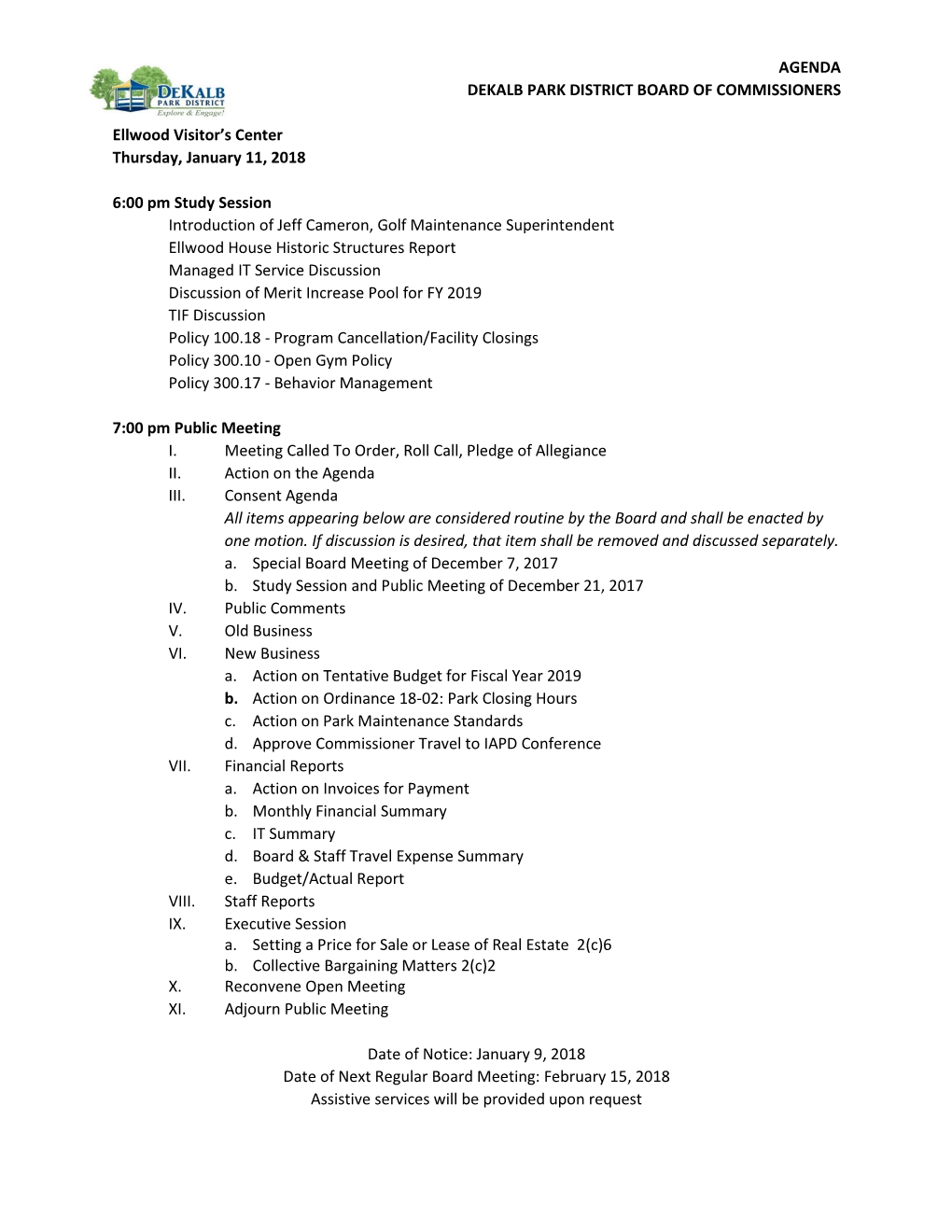 Agenda Dekalb Park District Board of Commissioners