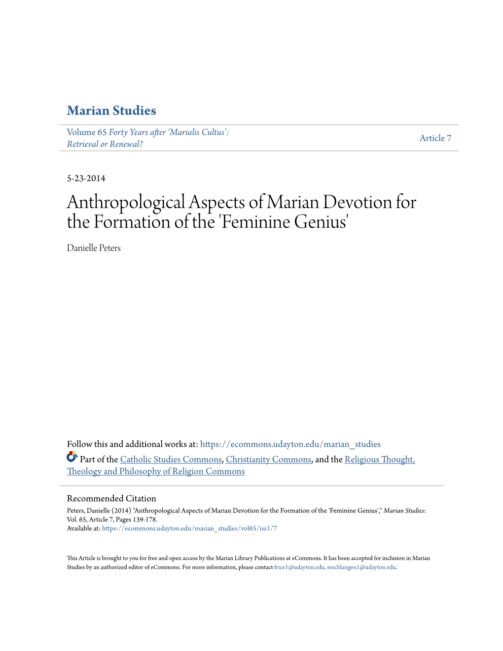 Anthropological Aspects of Marian Devotion for the Formation of the 'Feminine Genius' Danielle Peters