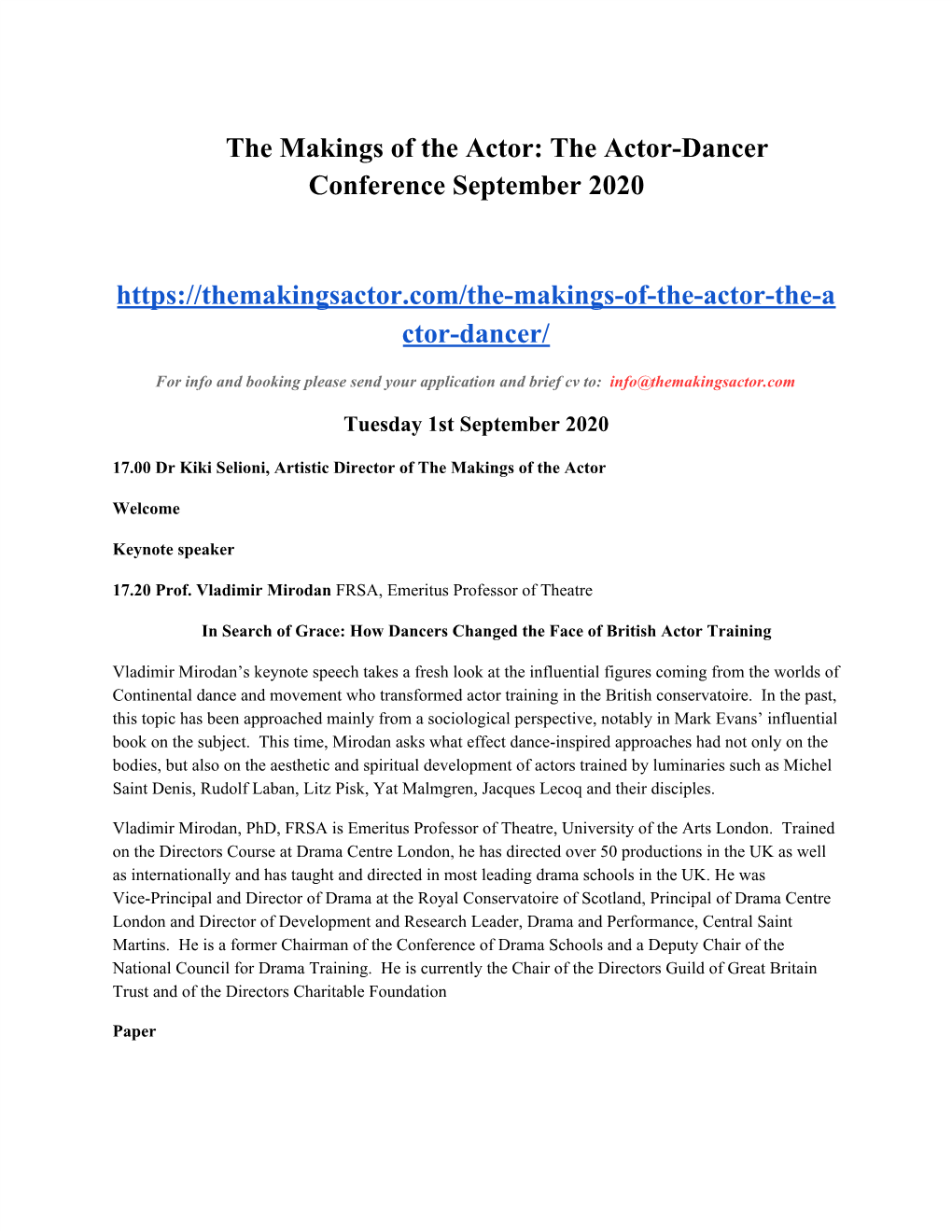 The Actor-Dancer Conference September 2020 Ctor-Dancer