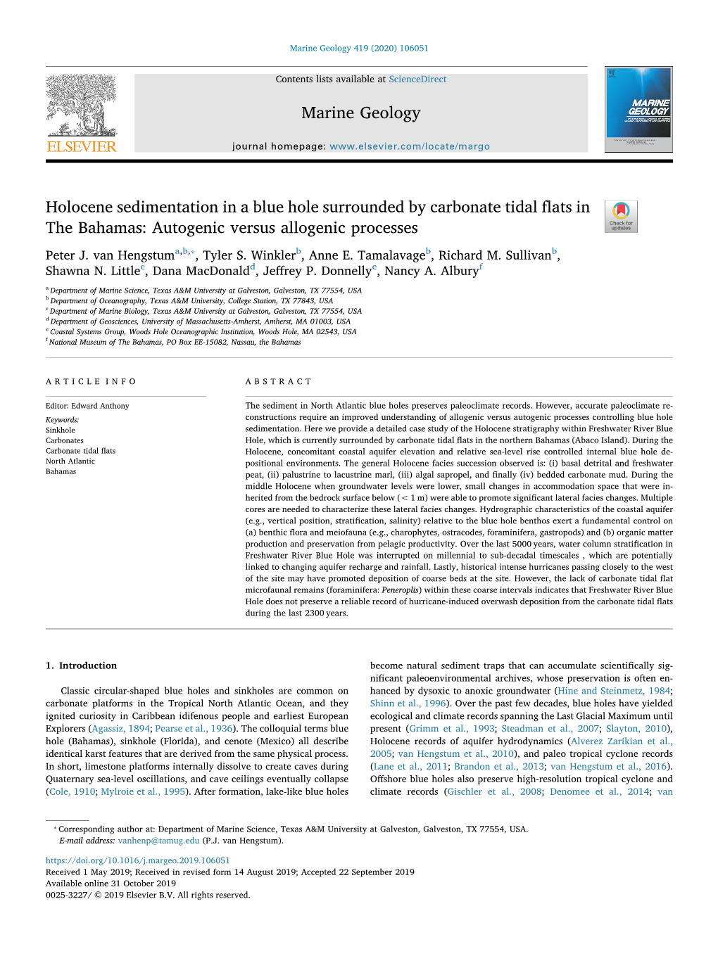 Holocene Sedimentation in a Blue Hole Surrounded by Carbonate Tidal Flats in the Bahamas Autogenic Versus Allogenic Processes