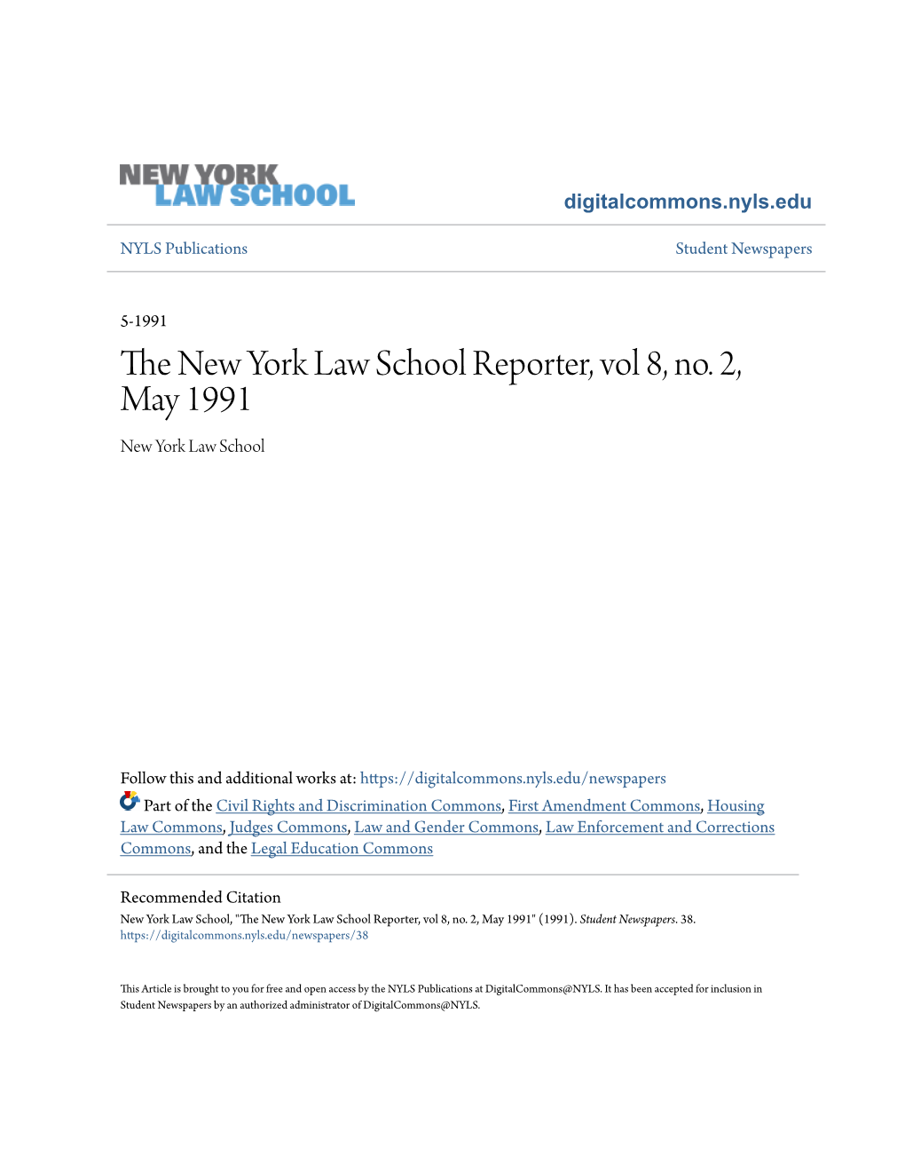 The New York Law School Reporter, Vol 8, No. 2, May 1991