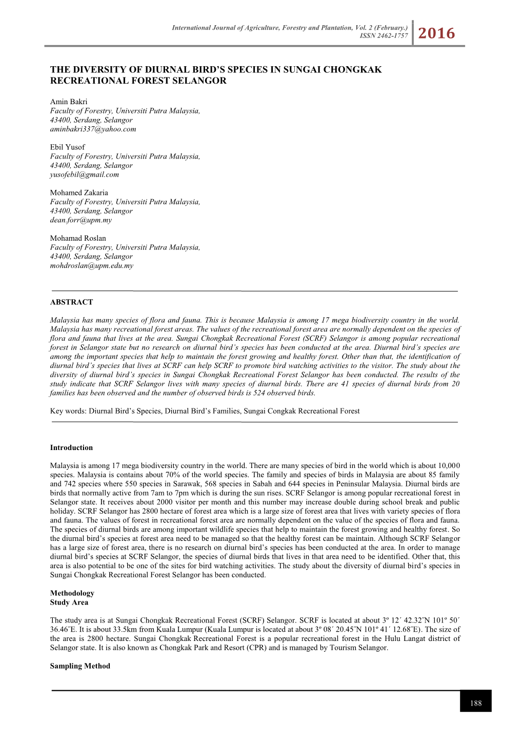 The Diversity of Diurnal Bird's Species in Sungai Chongkak