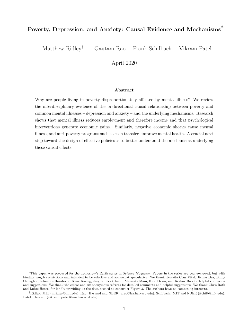 Poverty, Depression, and Anxiety: Causal Evidence and Mechanisms