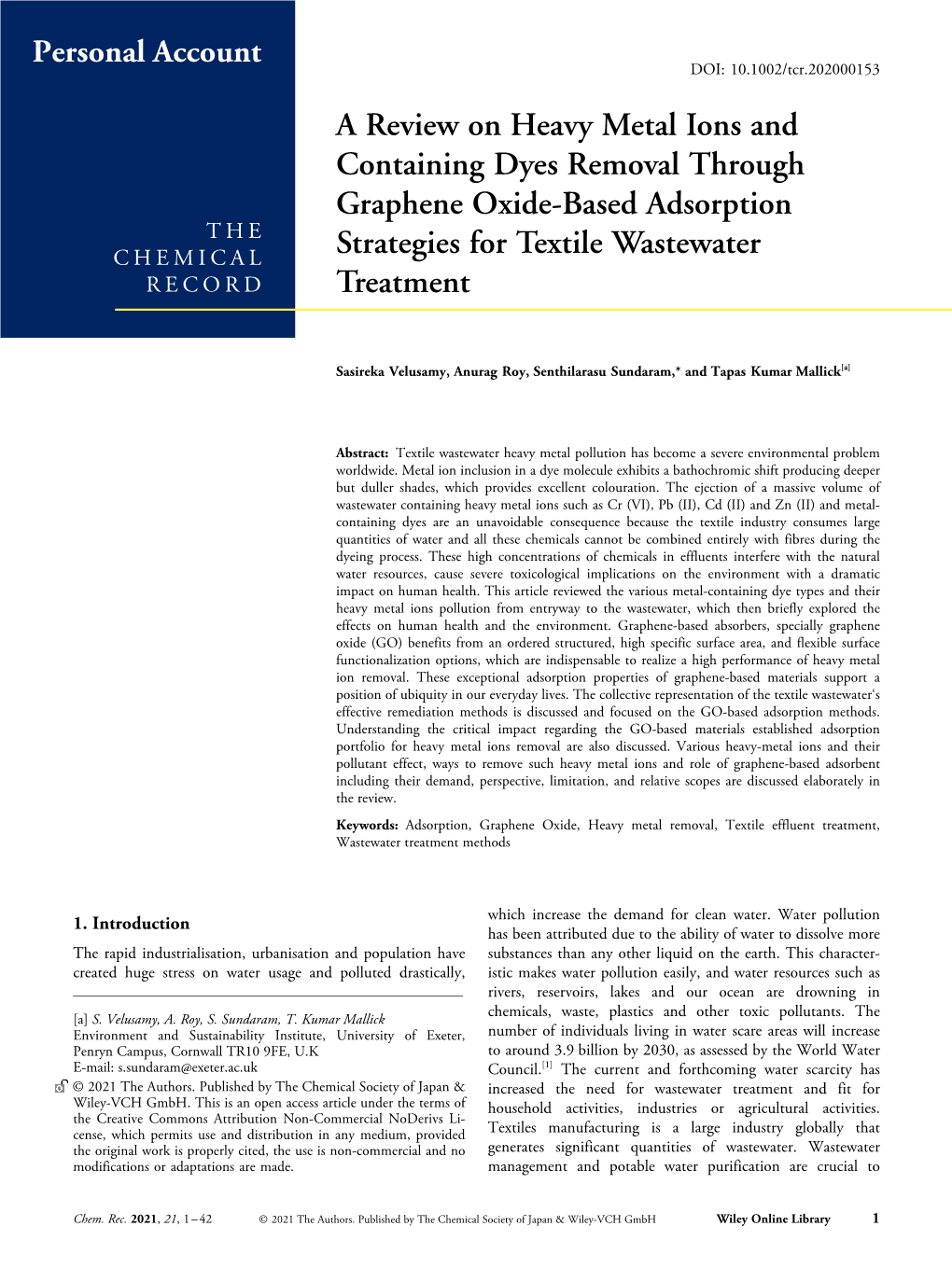 A Review on Heavy Metal Ions and Containing Dyes Removal Through Graphene Oxide-Based Adsorption the Strategies for Textile Wastewater CHEMICAL RECORD Treatment