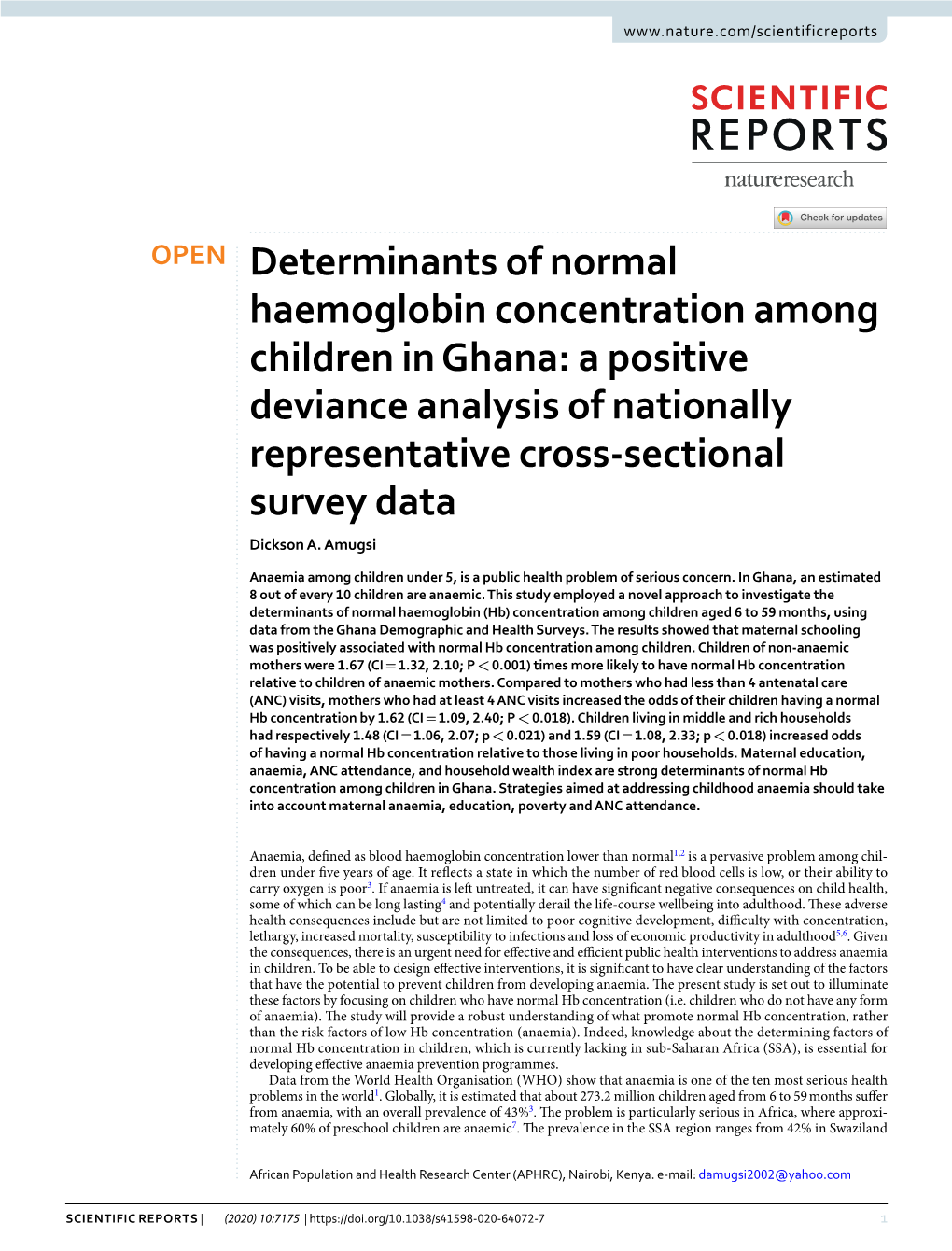 Determinants of Normal Haemoglobin Concentration Among Children In