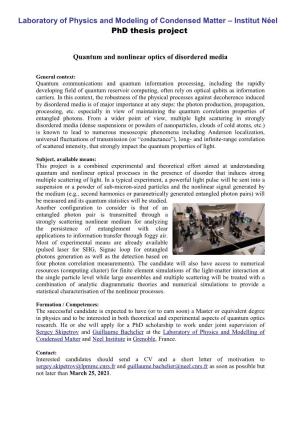 Laboratory of Physics and Modeling of Condensed Matter – Institut Néel Phd Thesis Project