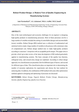 Robust Product Design: a Modern View of Quality Engineering in Manufacturing Systems