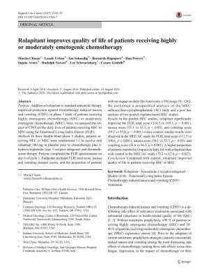 Rolapitant Improves Quality of Life of Patients Receiving Highly Or Moderately Emetogenic Chemotherapy