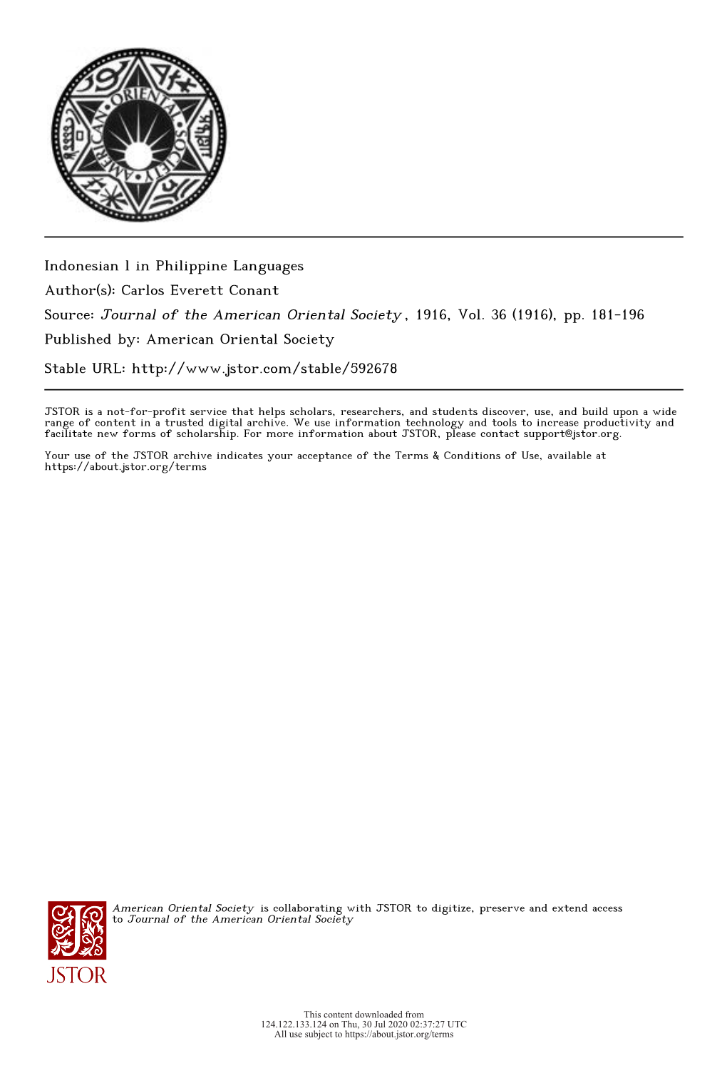 Indonesian L in Philippine Languages Author(S): Carlos Everett Conant Source: Journal of the American Oriental Society , 1916, Vol