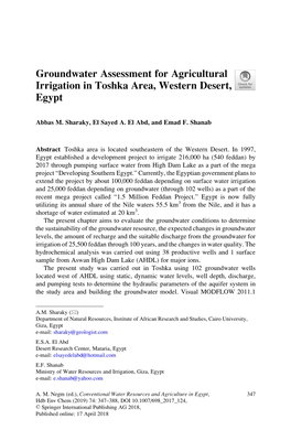 Groundwater Assessment for Agricultural Irrigation in Toshka Area, Western Desert, Egypt