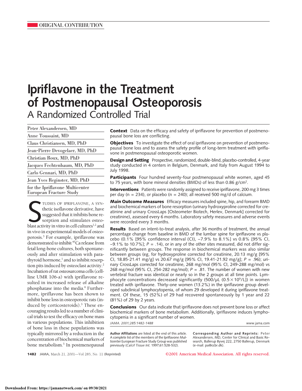 Ipriflavone in the Treatment of Postmenopausal Osteoporosis a Randomized Controlled Trial