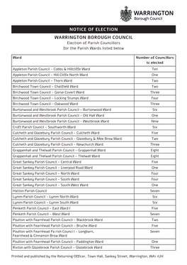 NOTICE of ELECTION WARRINGTON BOROUGH COUNCIL Election of Parish Councillors for the Parish Wards Listed Below