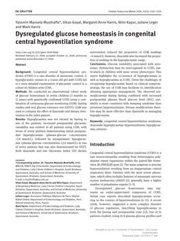 Dysregulated Glucose Homeostasis in Congenital Central Hypoventilation